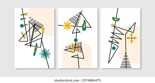 Set of three collection abstract mid century wall art with retro color. Aesthetic abtract shapes wall decoration. Art decoration, wallpaper, and  background