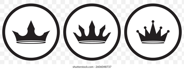 Set of Three collection crowns. Crown icon set. Collection of crown silhouette. King's Crown Logo Design with Modern Style. King Crown Set King Head Wear on Transparent Background. EPS 10.