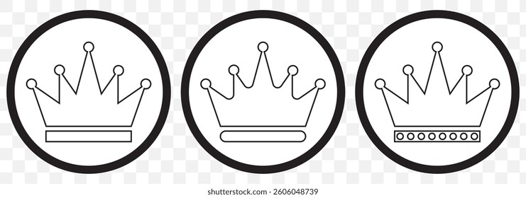 Set of Three collection crowns. Crown icon set. Collection of crown silhouette. King's Crown Logo Design with Modern Style. King Crown Set King Head Wear on Transparent Background. EPS 10.