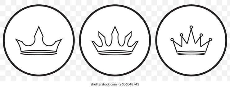 Set of Three collection crowns. Crown icon set. Collection of crown silhouette. King's Crown Logo Design with Modern Style. King Crown Set King Head Wear on Transparent Background. EPS 10.