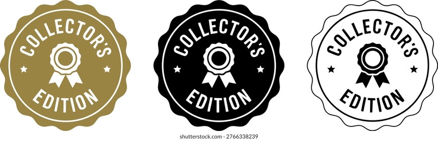 Set of three collector's edition badges in gold, black, and white colors, featuring ribbon award designs and bold text.