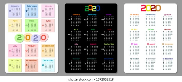 set of three color calendars for 2020 year