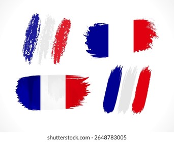Set of three color flags in brushstroke style. Creative artistic flag of France. Handdrawn graphic. Isolated elements. Holiday event, travel or business branding concept. Clothing or textile design.