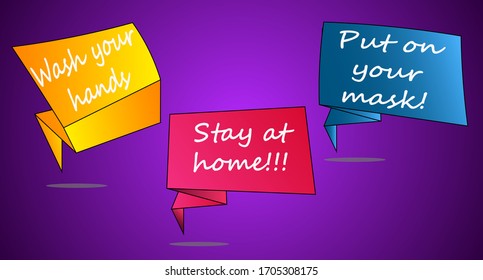 Set of three color frames for replicas, stay at home, yellow, red, purple, vector graphics.