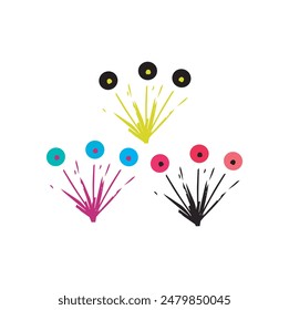 set of three color full flowers floral icons art work style graphic design illustration yellow pink and black flowers vetors