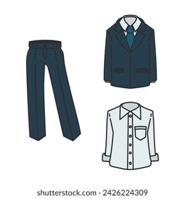 Set of three color illustrations of suit jacket, trousers and shirt