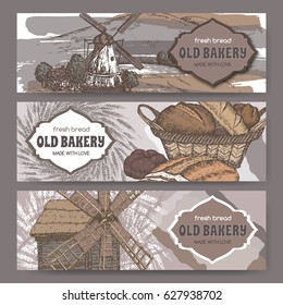 Set of three color original bakery label templates with windmills, wheat and bread. Great for bakery and bread shop ads, brochures, labels.