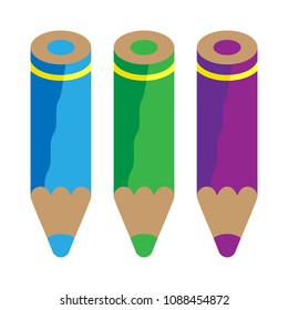 Set of three color pencils, cold colors, gree, blue, violet. Vector isolated object.