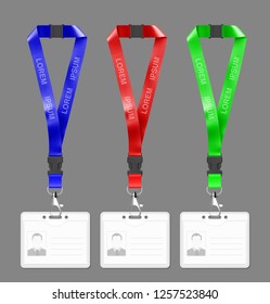 Set of three color realistic lanyards. Vector illustration. Red, green, blue view. Ready for use in presentation, promo, advertising and more.