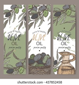 Set of three color vector olive oil label templates. Includes hand drawn elements. Great for packaging and advertising design.