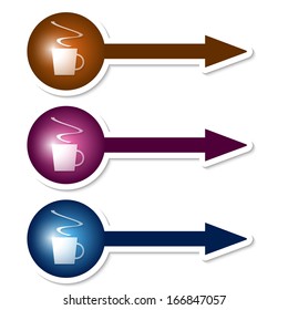 set of three colored arrows with cup of coffee