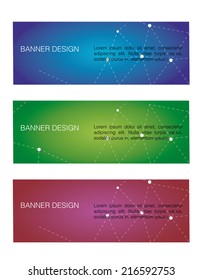 a set of three colored banners with text