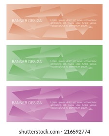 a set of three colored banners with text