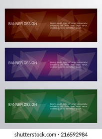 a set of three colored banners with text