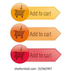 a set of three colored banners with text and shopping carts