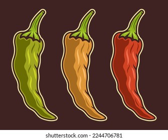 Set of three colored chili peppers, green, yellow and red vector illustration isolated on dark background