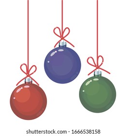 A set of three colored Christmas balls toys on red threads with bows objects isolated on a white background.