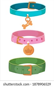 a set of three colored collars for cats or dogs. toys for animals. Animal accessories Hand-drawn element from a set of doodles. Isolated illustration on a white background.