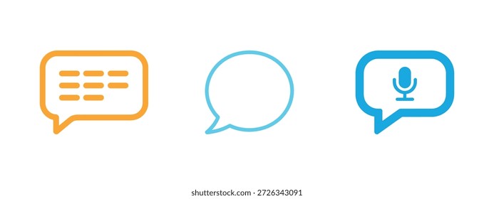 Conjunto de tres iconos coloreados de la burbuja del discurso de la comunicación en el fondo blanco. Este conjunto presenta símbolos de chat, vacíos y mensajes de voz.
