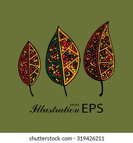 Set of three colored ethnic mexican tribal leaves, green background, hand drawn vector illustration