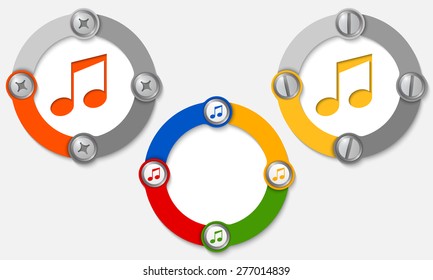 Set of three colored frames and music symbol