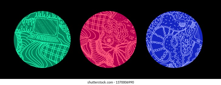 Set of three colored hand drawn round backgrounds with electrical devices. Backdrop vector illustration