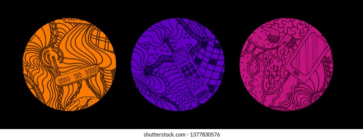 Set of three colored hand drawn round backgrounds with electrical devices. Backdrop vector illustration