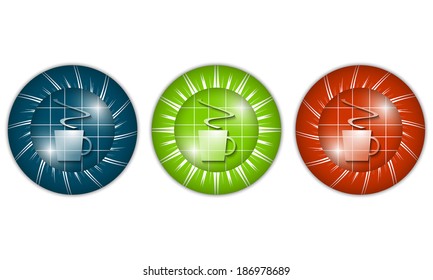 set of three colored icons with cup of coffee