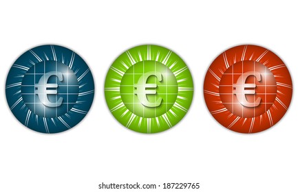 set of three colored icons with euro sign