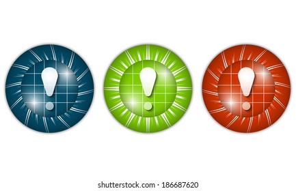 set of three colored icons with exclamation mark