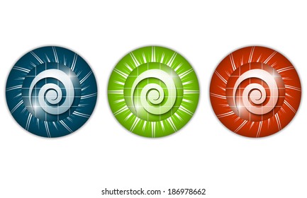 set of three colored icons with spiral