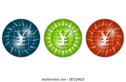set of three colored icons with yen sign