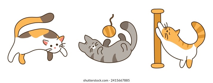 Set of three colored kittens. Tricolor cat is running. Gray pet plays with ball of thread. Ginger cat sharpens its claws on scratching post. Characters for children. Feline animal. Vector illustration