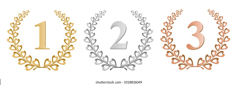 Set of three colored laurel wreath gold, silver and bronze with numbers composed of two branches with colorful hearts and stems for the first, second and third place for winner on a white background 