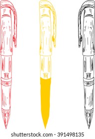 Set of three colored office pens. Vector illustration. 