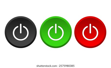 Set of three colored round buttons on  off. Black, green, red. Vector graphics isolated on dark gradient background.