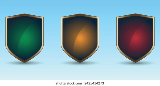 Un conjunto de tres escudos de colores en un marco dorado. 3P. Verde, amarillo y rojo. Vector 