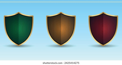 Un conjunto de tres escudos de colores en un marco dorado. 3P. Verde, amarillo y rojo. Vector 