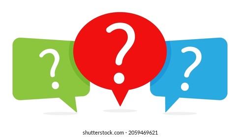 Set of three colored speech bubble, Message box with question mark icon. Vector flat design