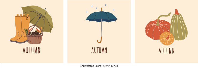 Set of three colored trendy vector illustrations. Hand drawn various mushrooms, rubber boots,pumpkins and leaves. Flat design. Greeting cards. Every illustration is isolated.