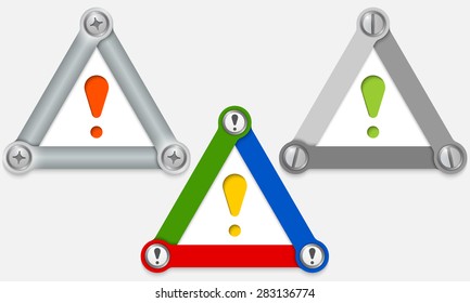 Set of three colored triangles and exclamation mark