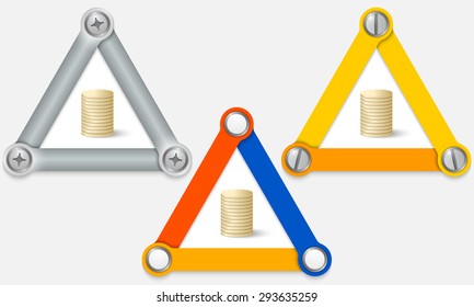 Set of three colored triangles and golden coin