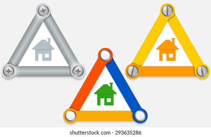 Set of three colored triangles and home symbol