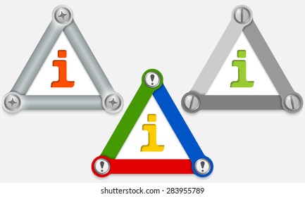 Set of three colored triangles and info symbol