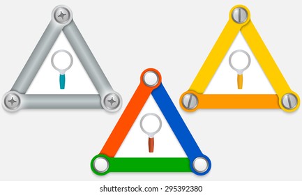 Set of three colored triangles and magnifier