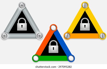 Set of three colored triangles and padlock