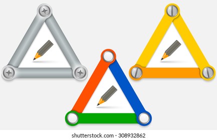 Set of three colored triangles and pencil