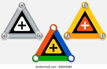 Set of three colored triangles and plus symbol