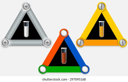 Set of three colored triangles and test tube