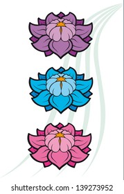 Set of three colored vector lotus flowers in purple blue and pink